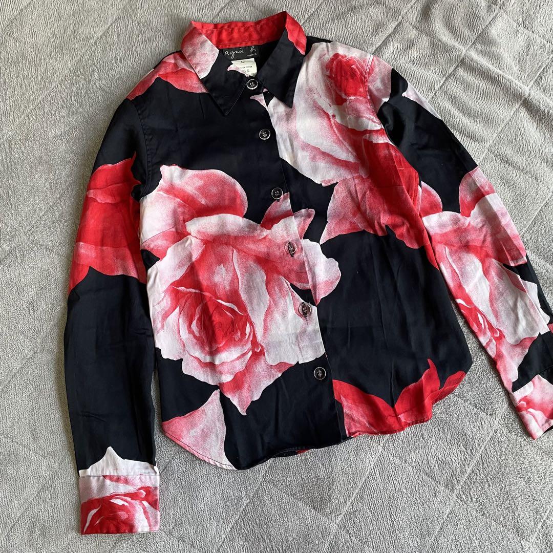 美品　アニエスベー　花柄　派手柄　長袖シャツ　ブラウス　黒　S