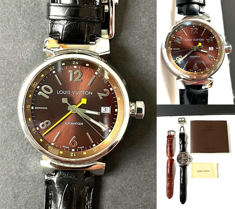 ルイヴィトン タンブール GMT 自動巻き 時計 クロコ レザーベルト 2本
