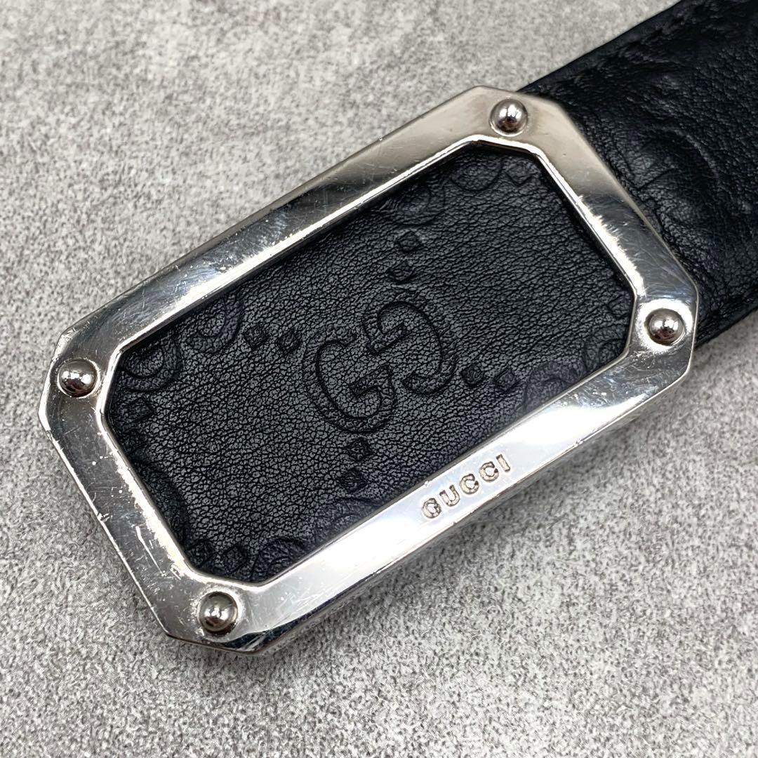 GUCCI シマ スクエア ベルト レザー シルバー金具 プレート メンズ 黒