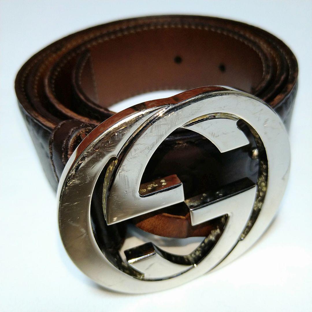 GUCCI グッチ レザーベルト インターロッキング ダークブラウン GG柄 M