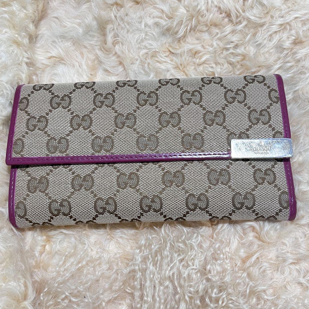 良品✨GUCCI 長財布　GGキャンバス　ロゴプレート　フラップ　ボルドー