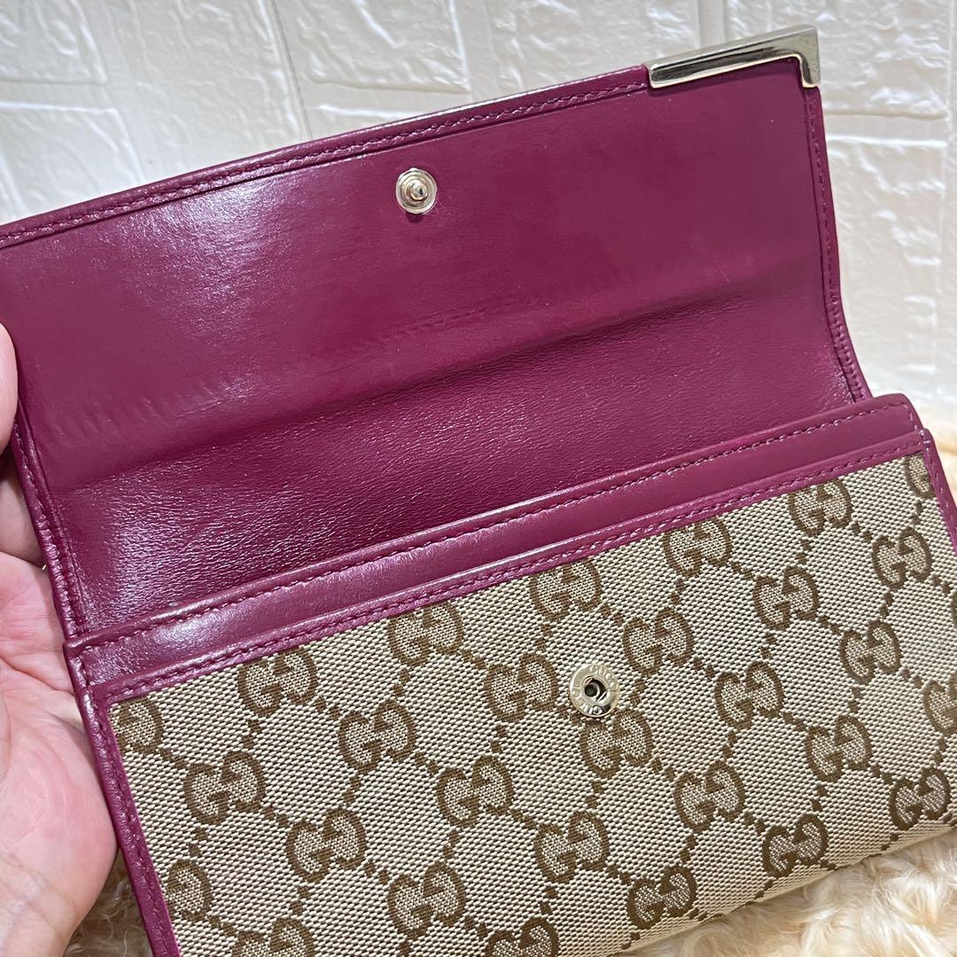 良品✨GUCCI 長財布　GGキャンバス　ロゴプレート　フラップ　ボルドー
