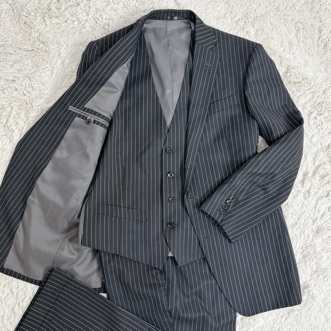 美品✨スーツセレクト ストライプ スーツ スリーピース ジャケット 黒 L A6
