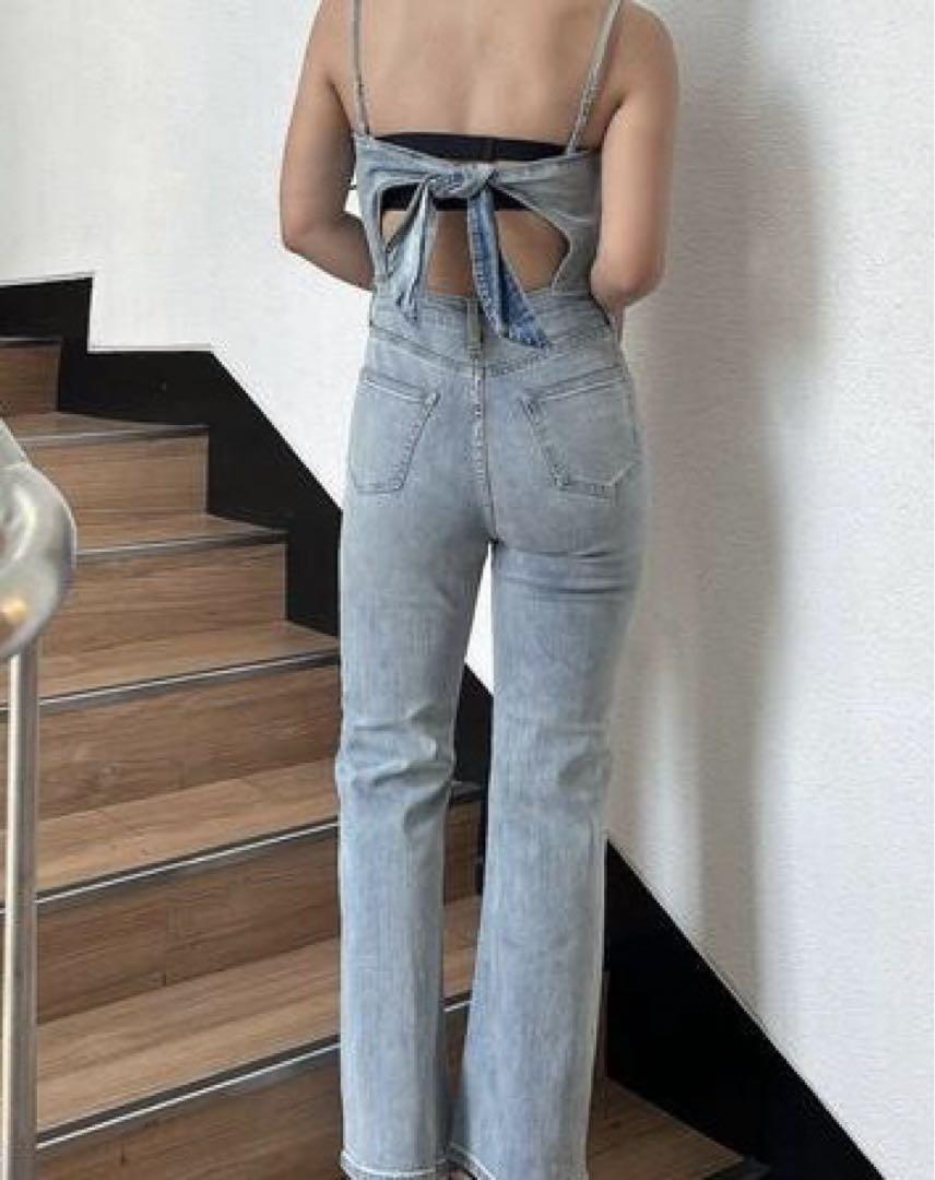【美品】GYDA BACKリボンデニムロンパース