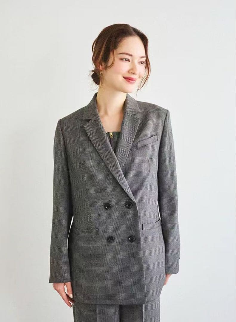 ウール調グレンチェックストレッチダブルジャケットS LOUNIE