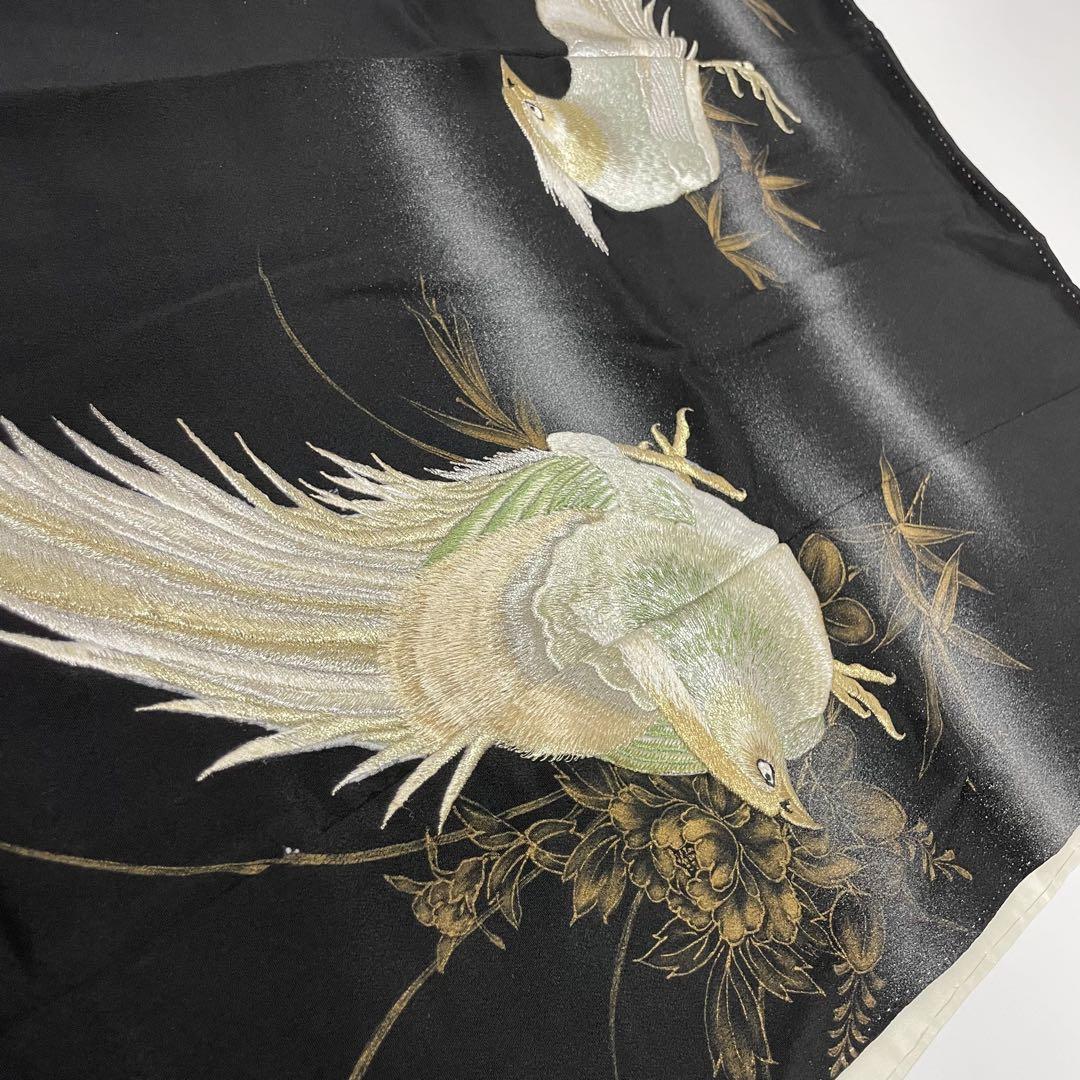 黒留袖 豪華刺繍 尾長鶏 笹文様 正絹 比翼仕立 フキ入 y517