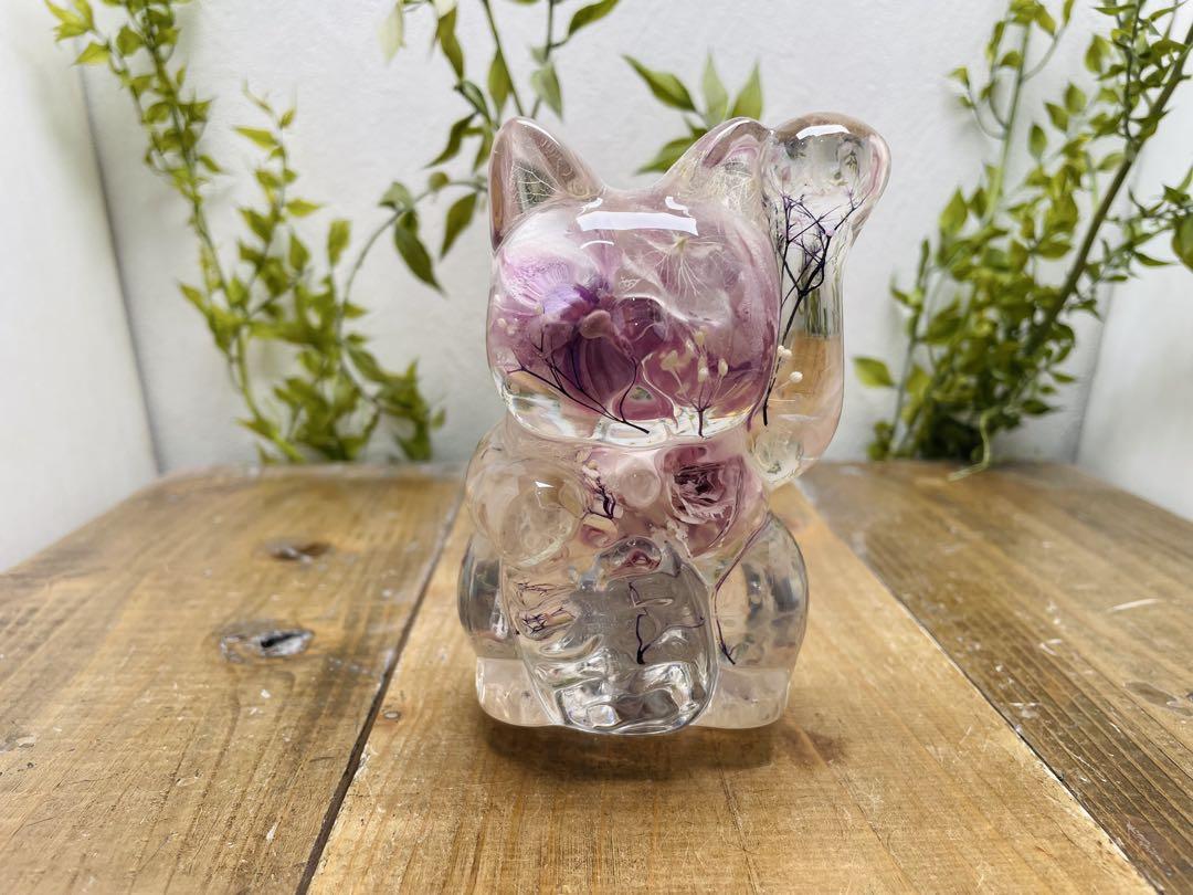 セール品　水中花シフトノブ　招き猫　ほんのりパープルの薔薇