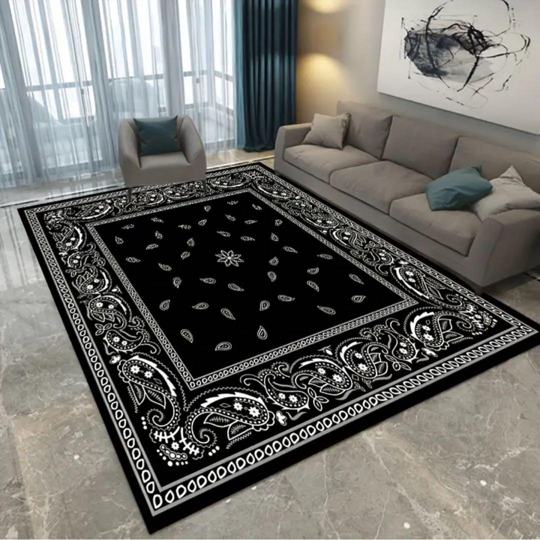 み*。様 【新品】160x200cm ダマスク柄ラグカーペット　絨毯　ブラック