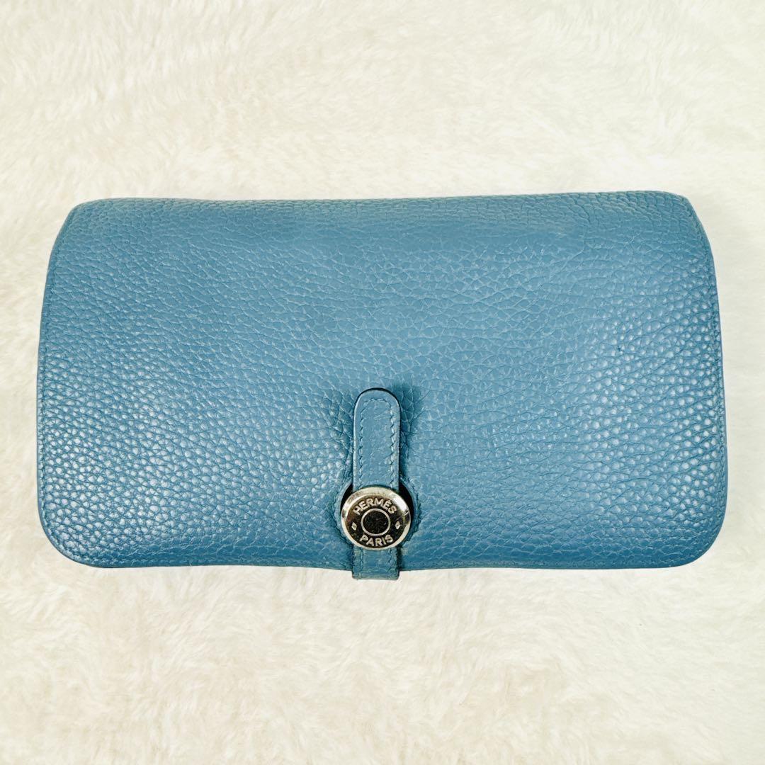 HERMES エルメス ドゴン デュオ ポーチ付 長財布 ブルー ジーン