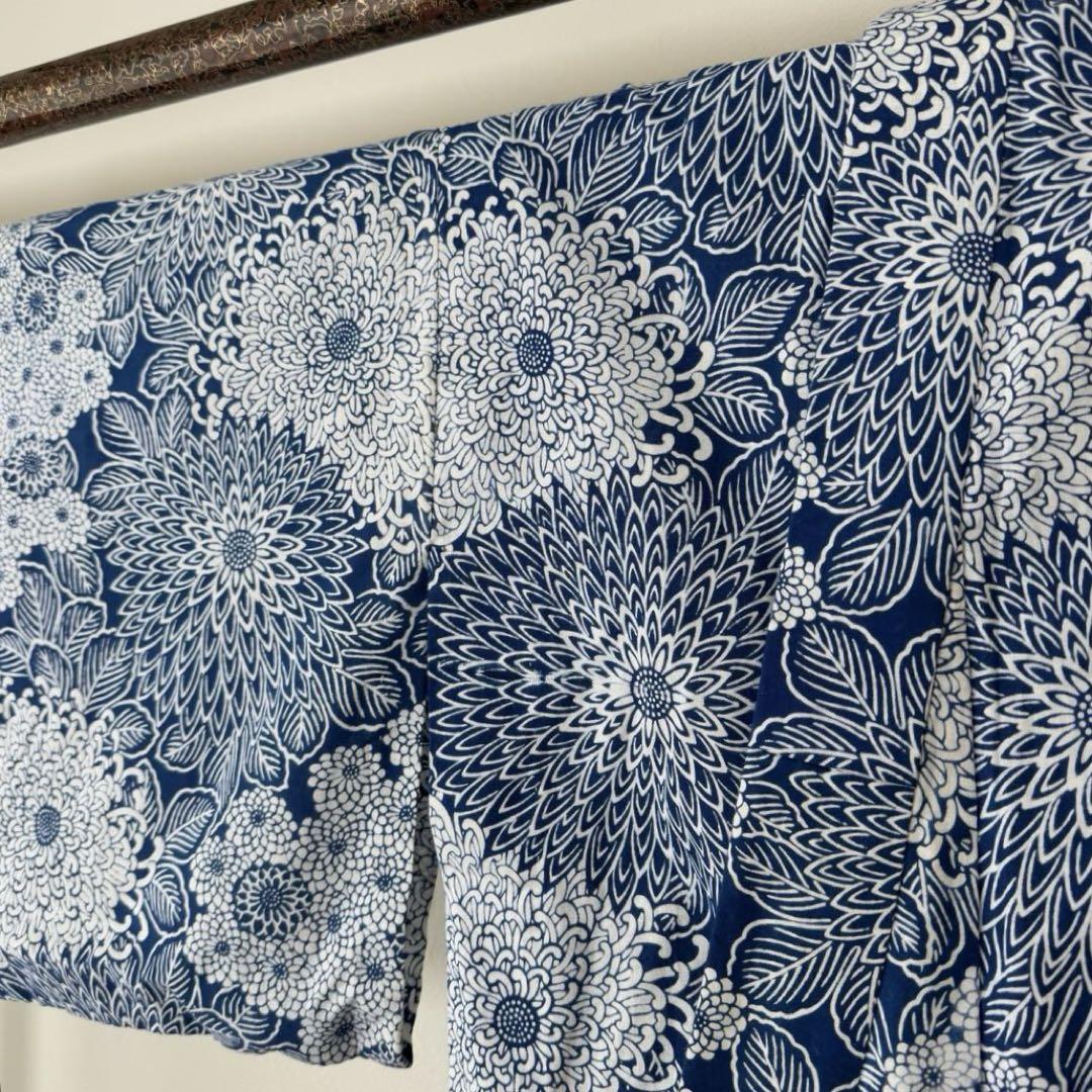 超美品　綿　コーマ地　本染　浴衣 着物　夏物　155 青　チューリップ　レトロ 超美品 綿 コーマ地 本染 浴衣 着物 夏物 155 青 チューリップ
