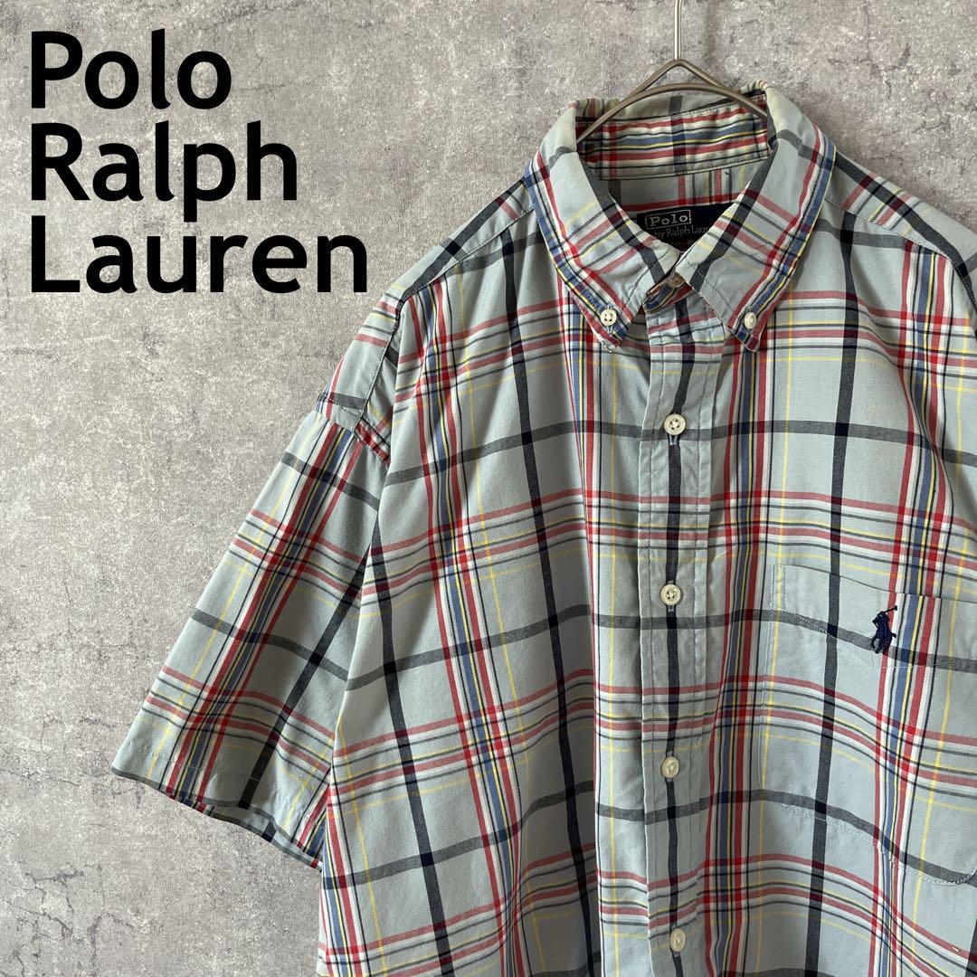 RalphLauren 90sチェックシャツ　半袖　夏物　コットン　Ｌメンズ青系 4,845円