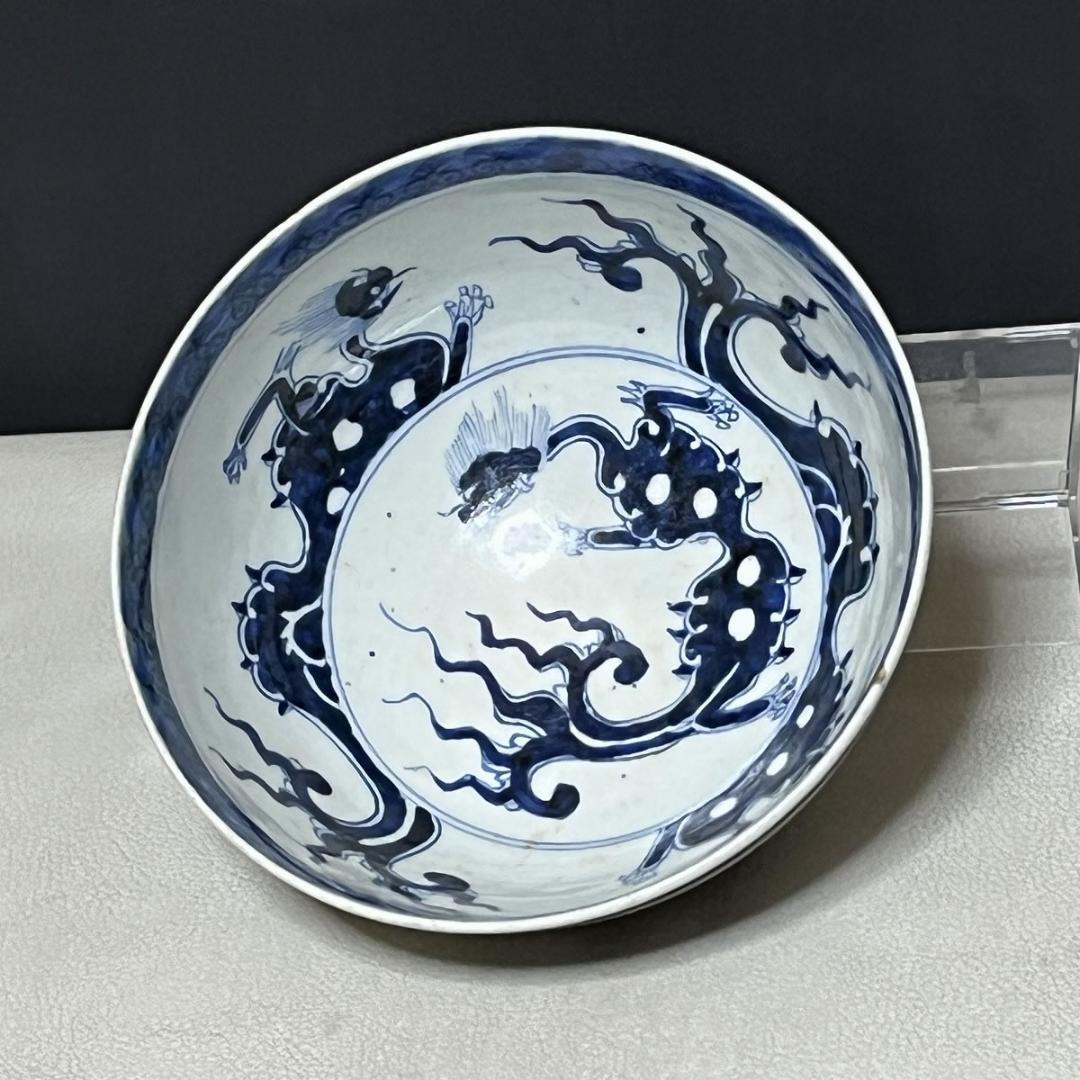 中国陶器 染付 鉢 龍 木箱入り【k3128】