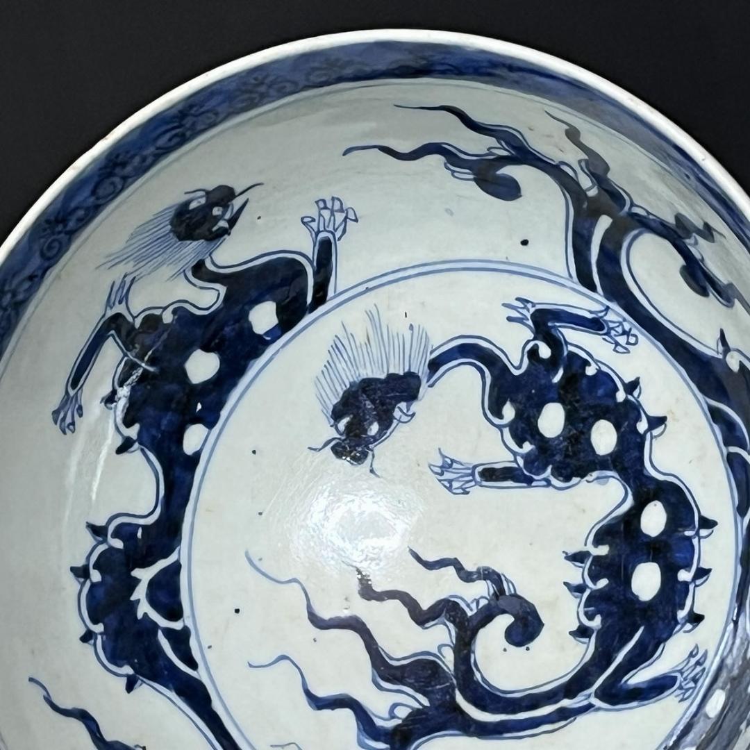 中国陶器 染付 鉢 龍 木箱入り【k3128】