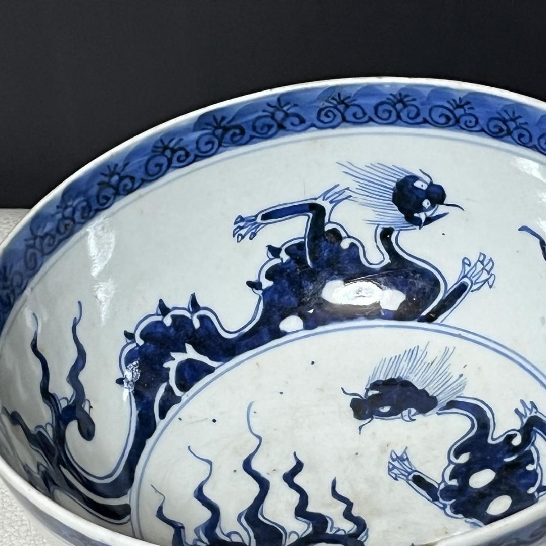 中国陶器 染付 鉢 龍 木箱入り【k3128】
