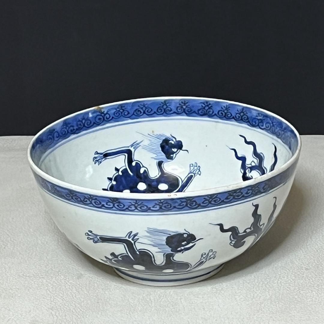 中国陶器 染付 鉢 龍 木箱入り【k3128】