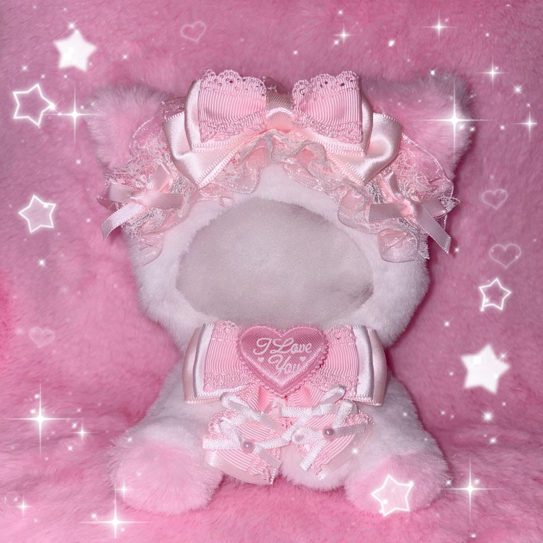 【約16cm 】手が動く♡肉球おすわりぬい服 ピンク×ホワイト垂れ耳うさぎ ♡ 16cm ぬい服 おすわり 着ぐるみ 猫耳 ピンク にじぬい
