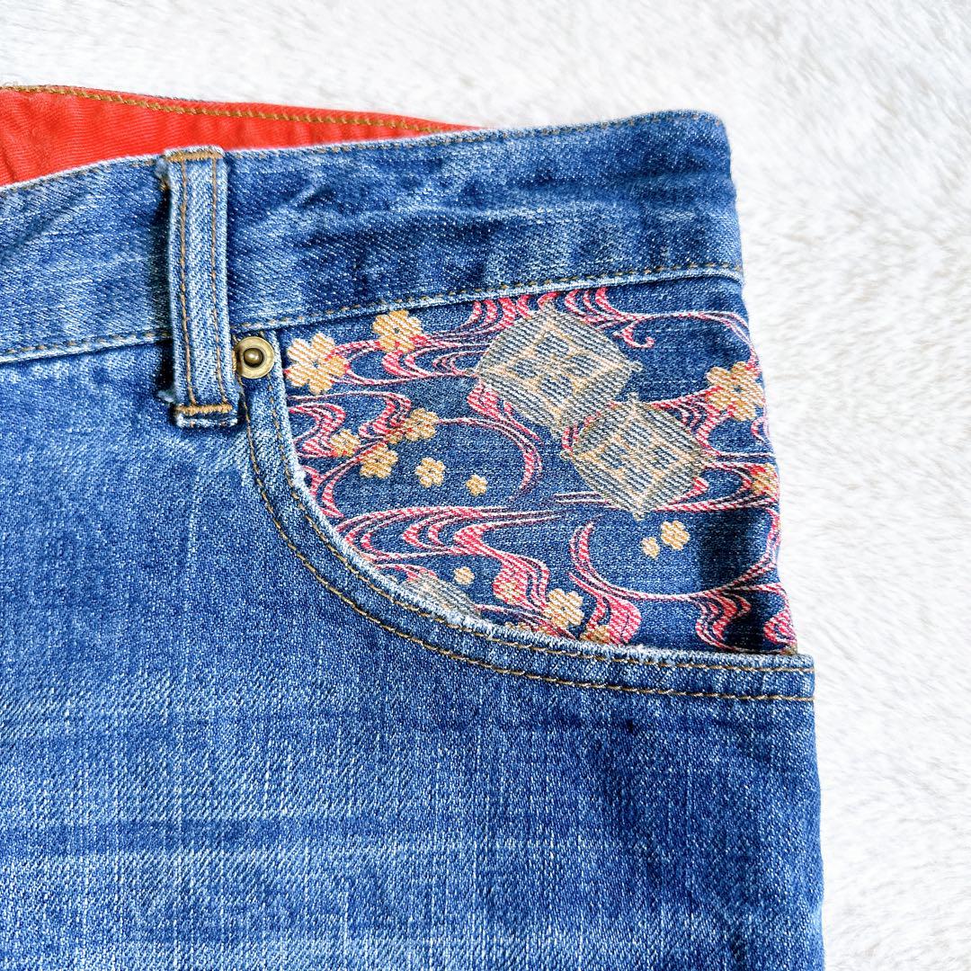 絡繰魂 カラクリダマシイ デニム ハーフパンツ 34 鯉 刺繍 花柄