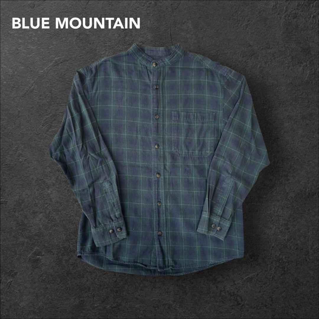 BLUE MOUNTAIN 古着 ノーカラーチェックシャツ M くすみカラー