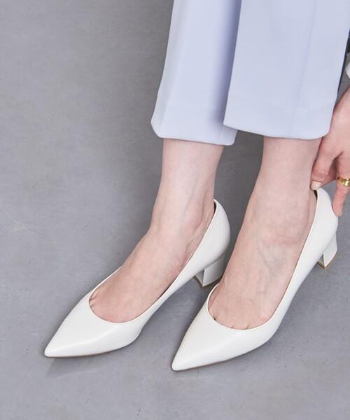 UNITED ARROWS 牛革 ポインテッドトゥ チャンキーパンプス 白