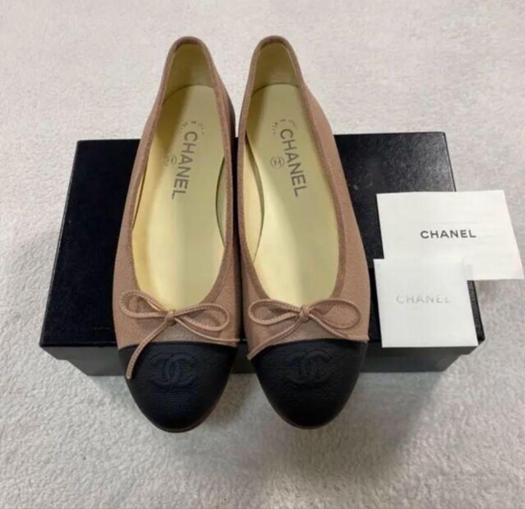 CHANEL フラットシューズ ベージュ/ブラック 38