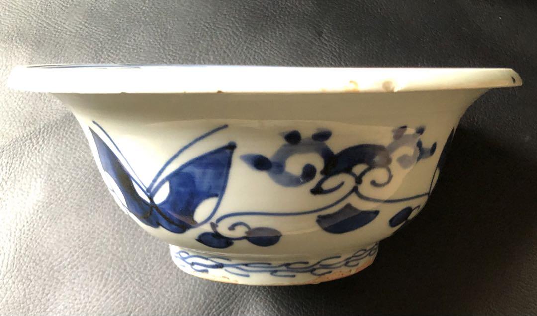 古 伊万里　柳 橋 庵 山 蝶々 柄 深鉢　絵付 染付　料理 盛鉢 中鉢 大鉢