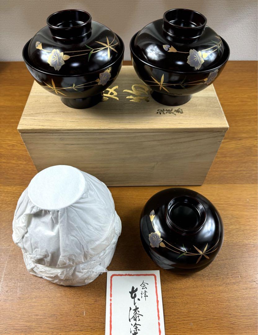 164 会津塗　黒吸物椀　五客組　花栞　未使用品　共箱