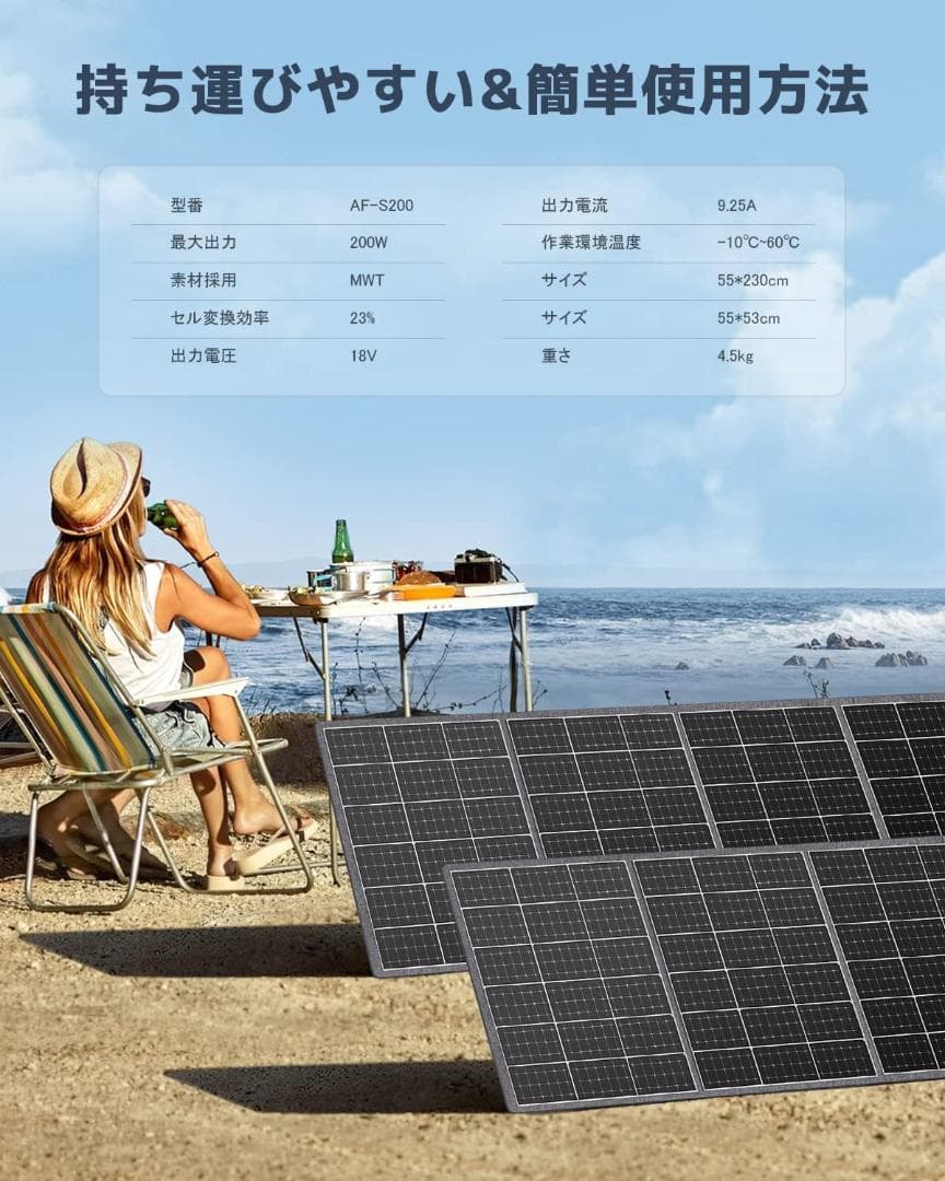 未使用 AFERIY ソーラーパネル 200W ソーラーチャージャー 折り畳み式 200Wソーラーパネル折り畳み式ETFE, ータブル電源 ソーラー