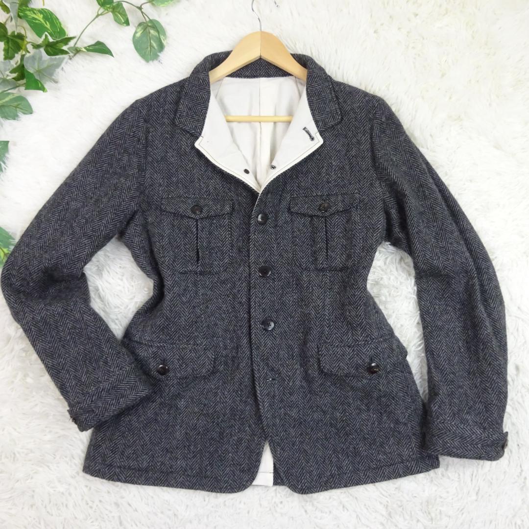 美品　40ct＆525　ツイード　ヘリンボーン　サファリジャケット　L　グレー