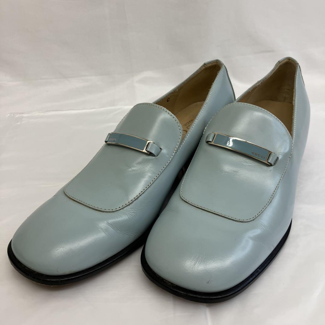 正規店仕入れの パンプス ロゴプレート グッチ GUCCI ロファー 1/2 36 ブルー 靴