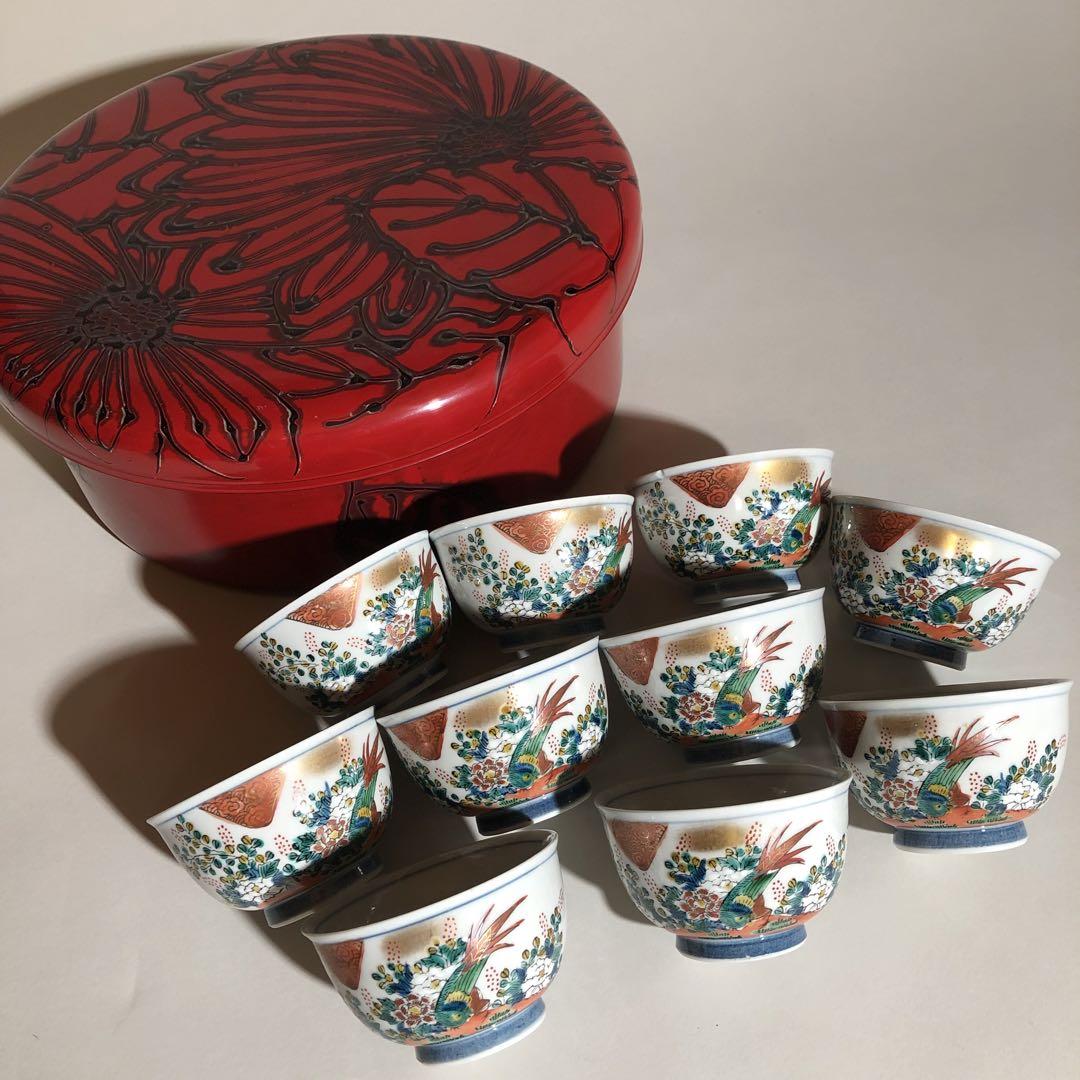 九谷焼司峰茶器セット赤塗 御茶櫃付kutani