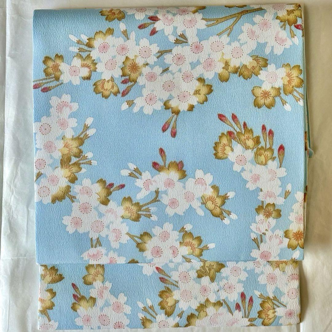 【新品未使用】桜紋様　型友禅　縮緬　九寸名古屋帯 ★空色