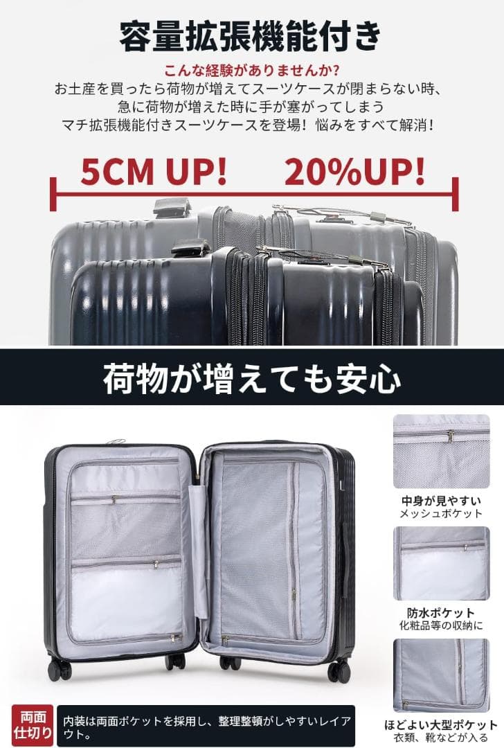 スーツケース 多機能 TSA キャスターロック フレームタイプ 60L Mサイズ