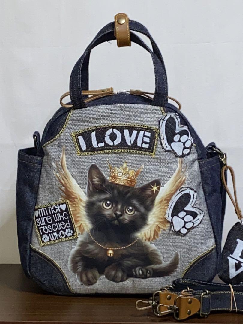 ☆ハンドメイド☆岡山デニム☆天使のクロネコ☆リュック対応☆4wayボストンバッグ