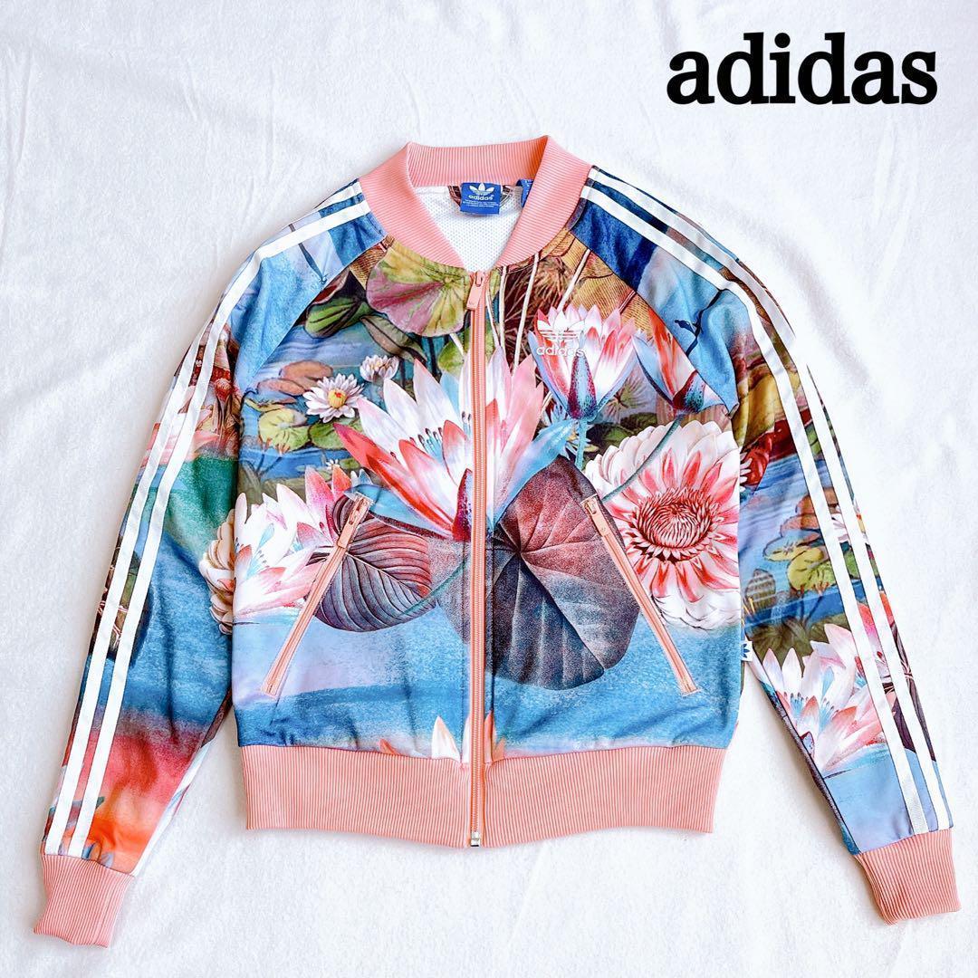 美品 アディダス ジャージ トラックジャケット 花 ピンク バックロゴ