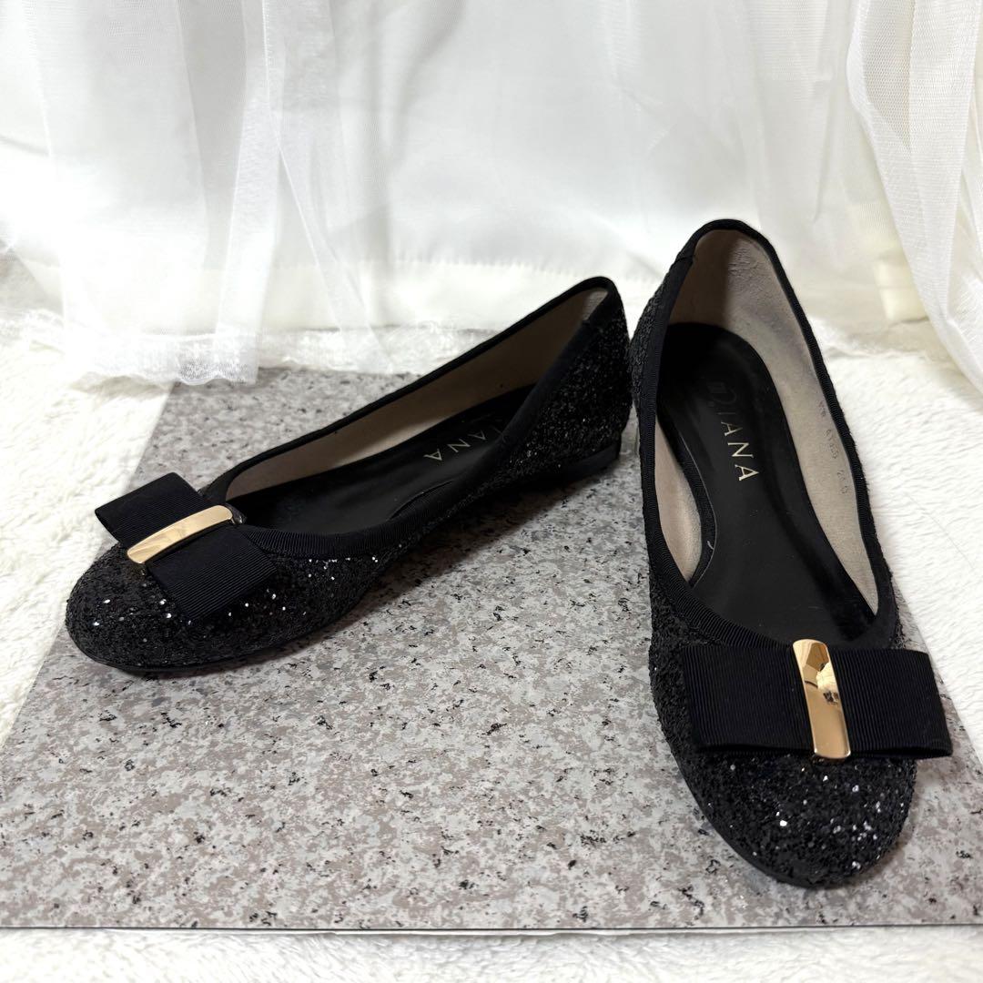 DIANA ダイアナ　クラシカルフラットシューズ　グリッター　ブラック　24㎝