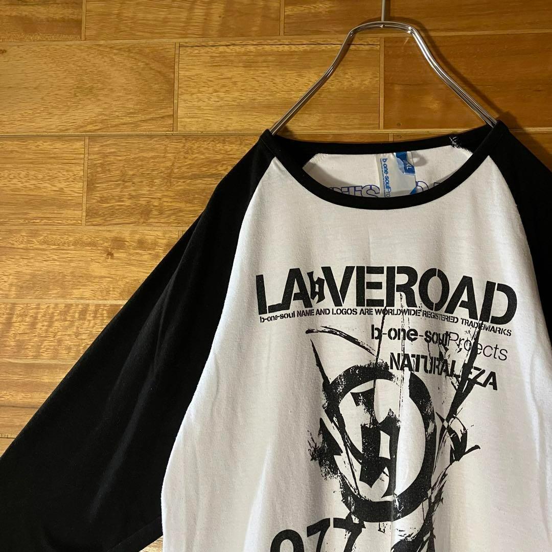ラグラン リンガーネック プリント Tシャツ 7部丈 ブラック