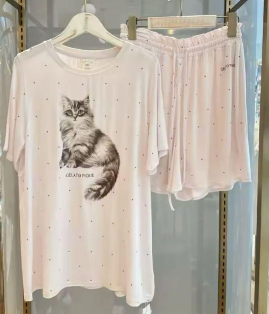 ジェラートピケ CAT柄 ピンク Tシャツ パンツ セット 楽天市場】【ラッピング済み】CATドット柄ワンポイントTシャツ