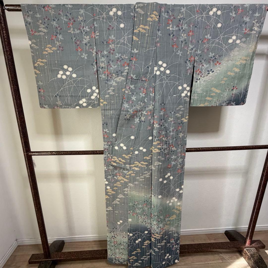 秋冬 超美品 しょうざん 着物 訪問着 単衣 161裄63 正絹 グレー 緑 青 秋冬 超美品 しょうざん 着物 訪問着 単衣 161裄63 正絹 グレー 緑 青