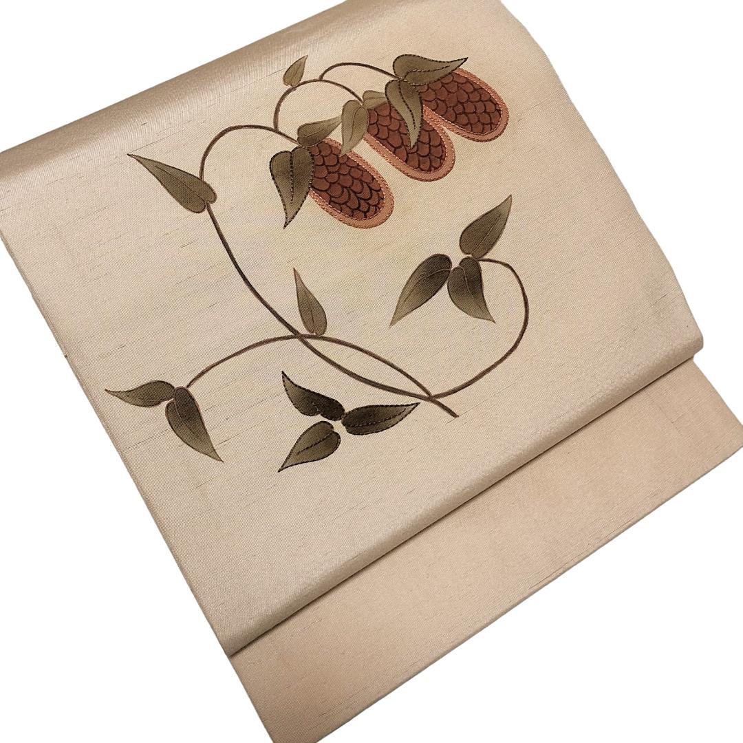 名古屋帯】刺繍 抽象模様 手織り紬 アンティーク