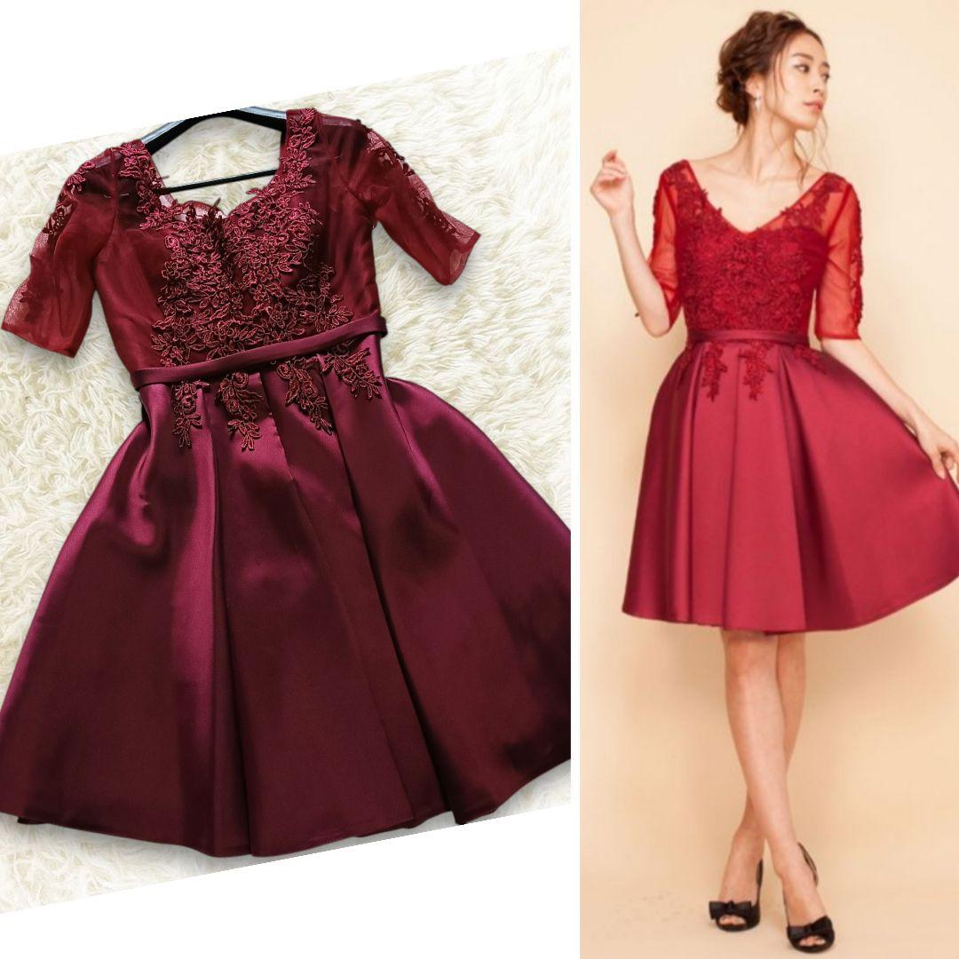 ANNABELLE　レース七分袖　ミディアム丈ドレス　ワインカラー