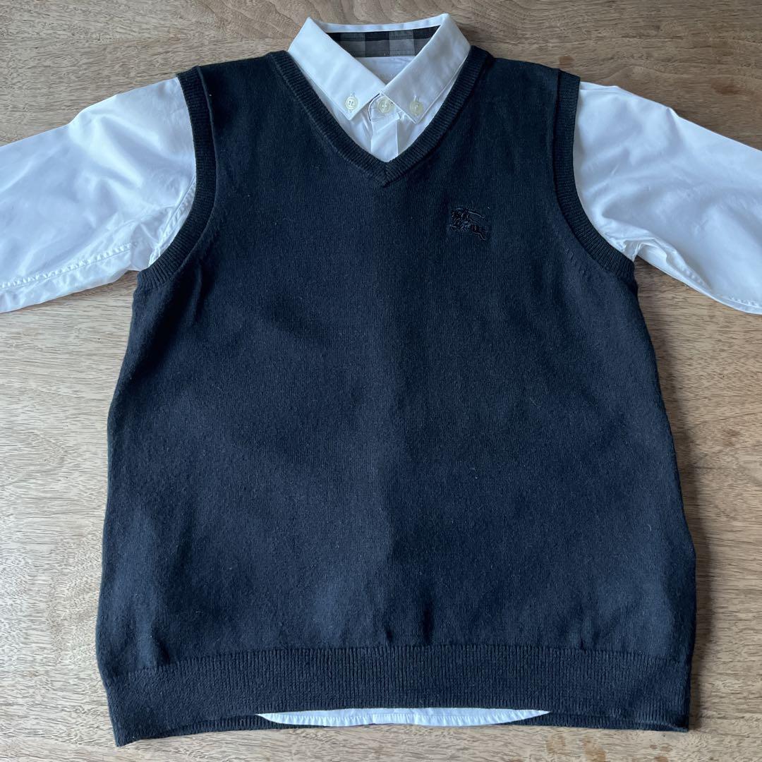 【美品】BURBERRY濃紺のVネックニットベストと白長袖シャツのセット 6Y