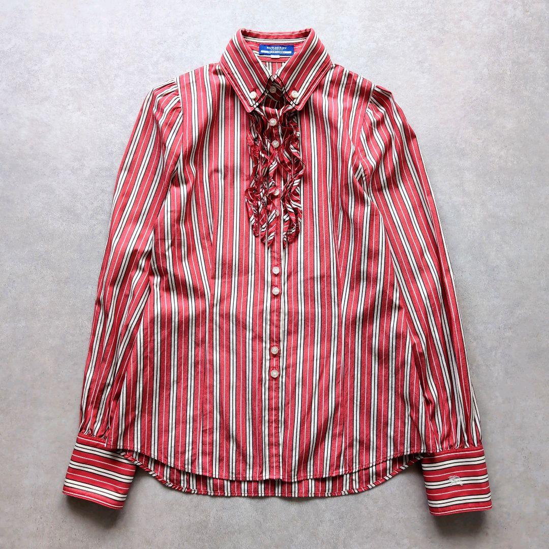 バーバリーブルーレーベル ドレスシャツ フリル ストライプ レッド 36