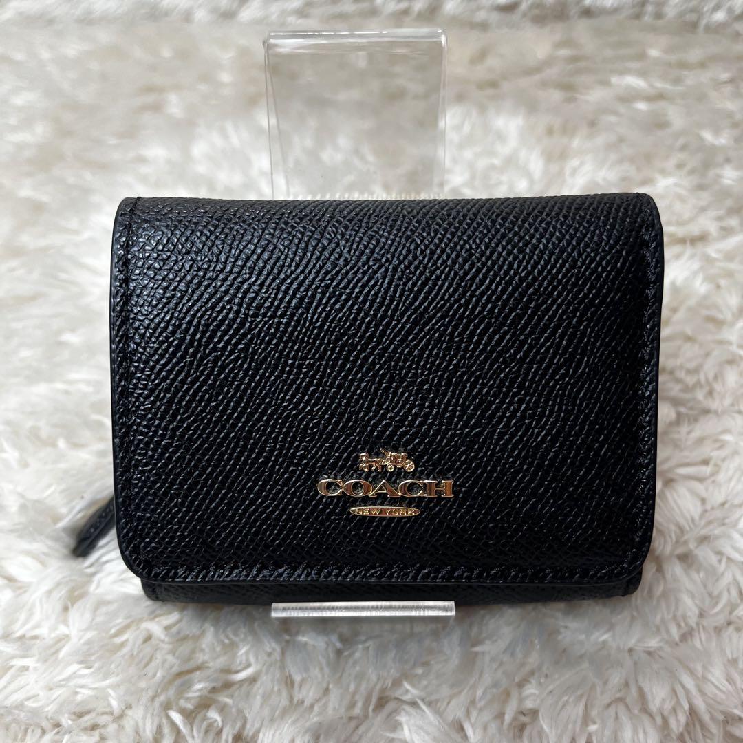 【未使用級】コーチ　COACH 三つ折り財布　黒　レザー　スモール　ウォレット