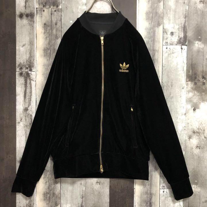 アディダス adidas★ベロア 刺繍ロゴ トラックジャケットジャージ上 金黒