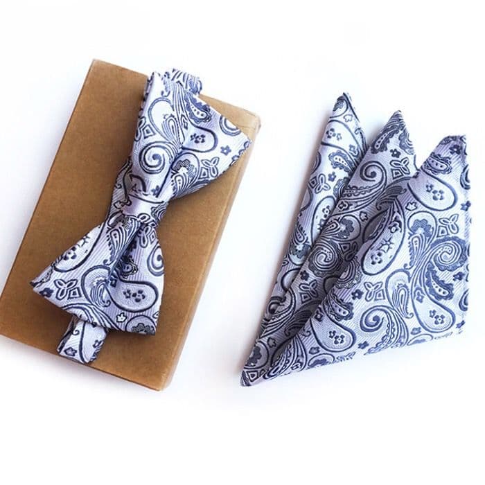 蝶ネクタイ　ポケットチーフ2点セット/ホワイトペイズリーF