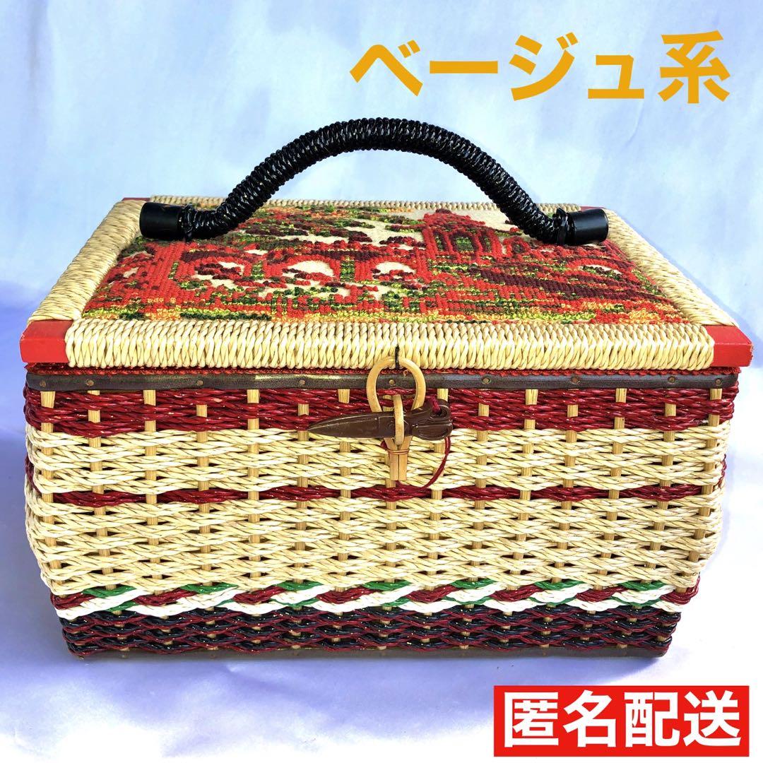 昭和レトロ 裁縫箱 ベージュ ソーイングボックス 風景刺繍