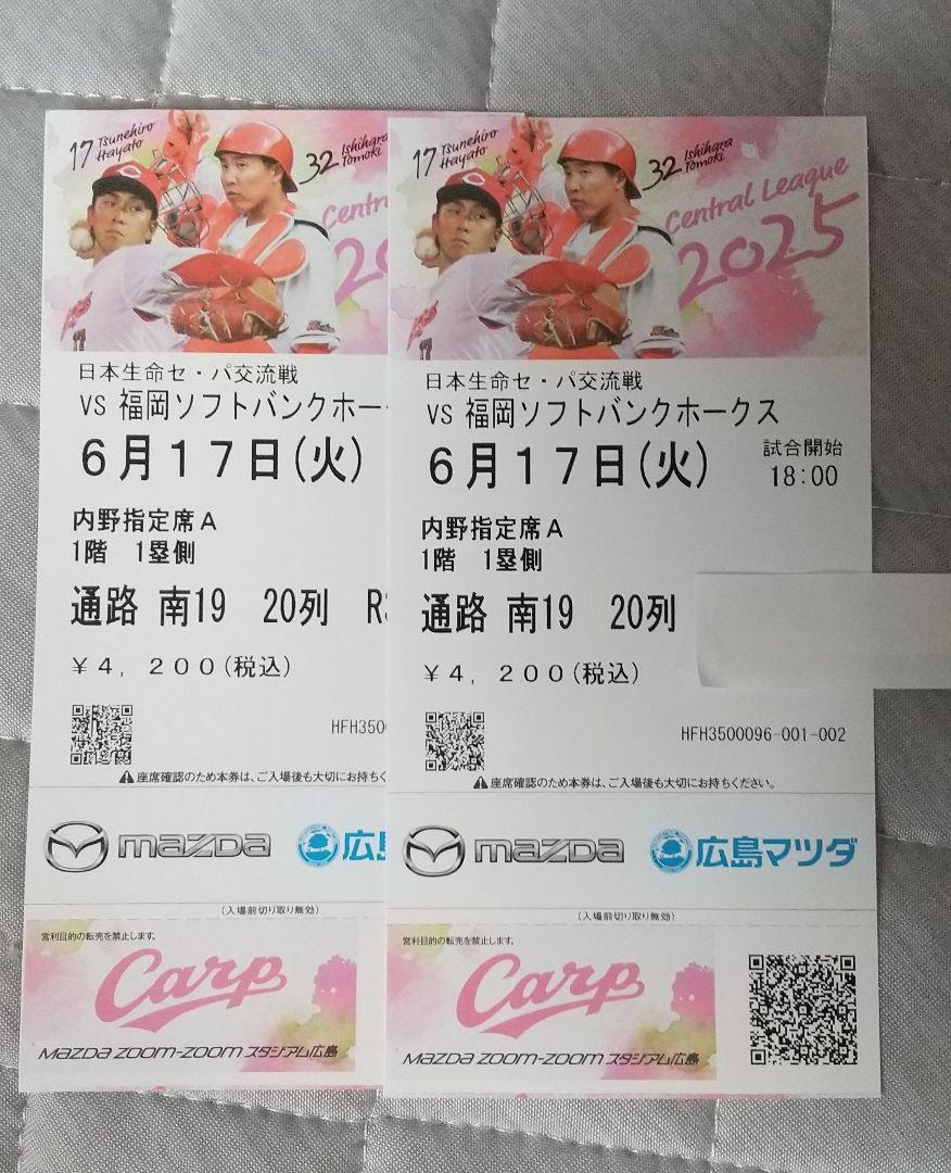 2025年6月17日 広島東洋カープ 対 福岡ソフトバンクホークス 2枚セット