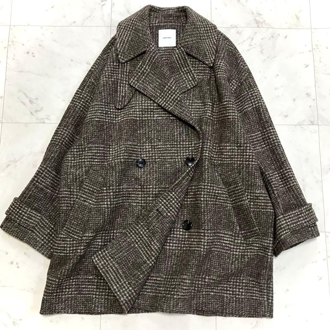 23AW スピックアンドスパン Wスライバーチェックハーフコート ブラウン