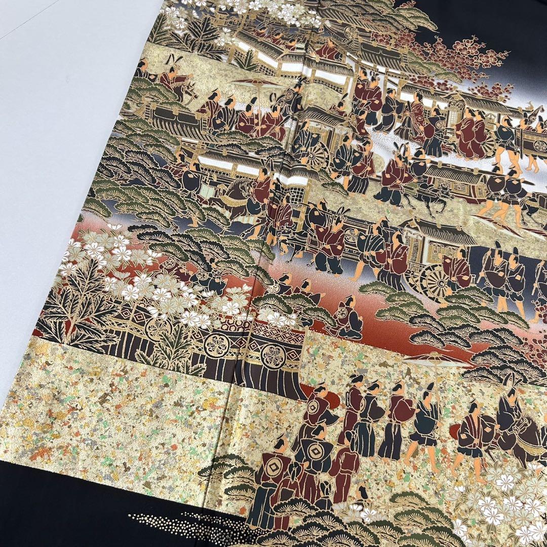 送料無料 日本 黒留袖 作家物 裄66 大名行列 U-5671 着物 比翼 箔散らし 正絹 着物・浴衣