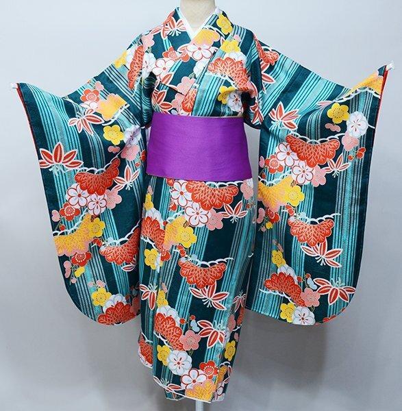 二尺袖着物 単品 仕立て上がり 緑色 ショート丈 合繊 緑色 NO31784-4
